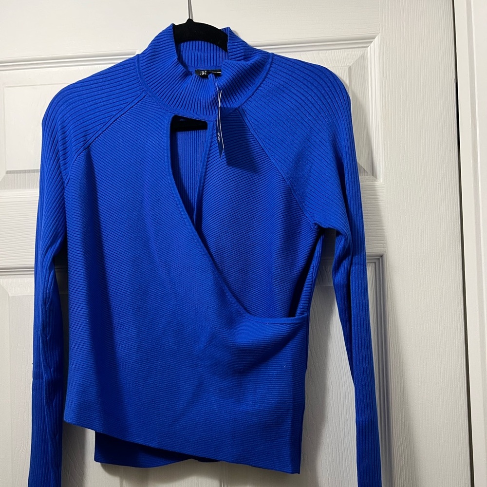 INC International Concepts Cobalt Blue Ribbed Cutout Sweater